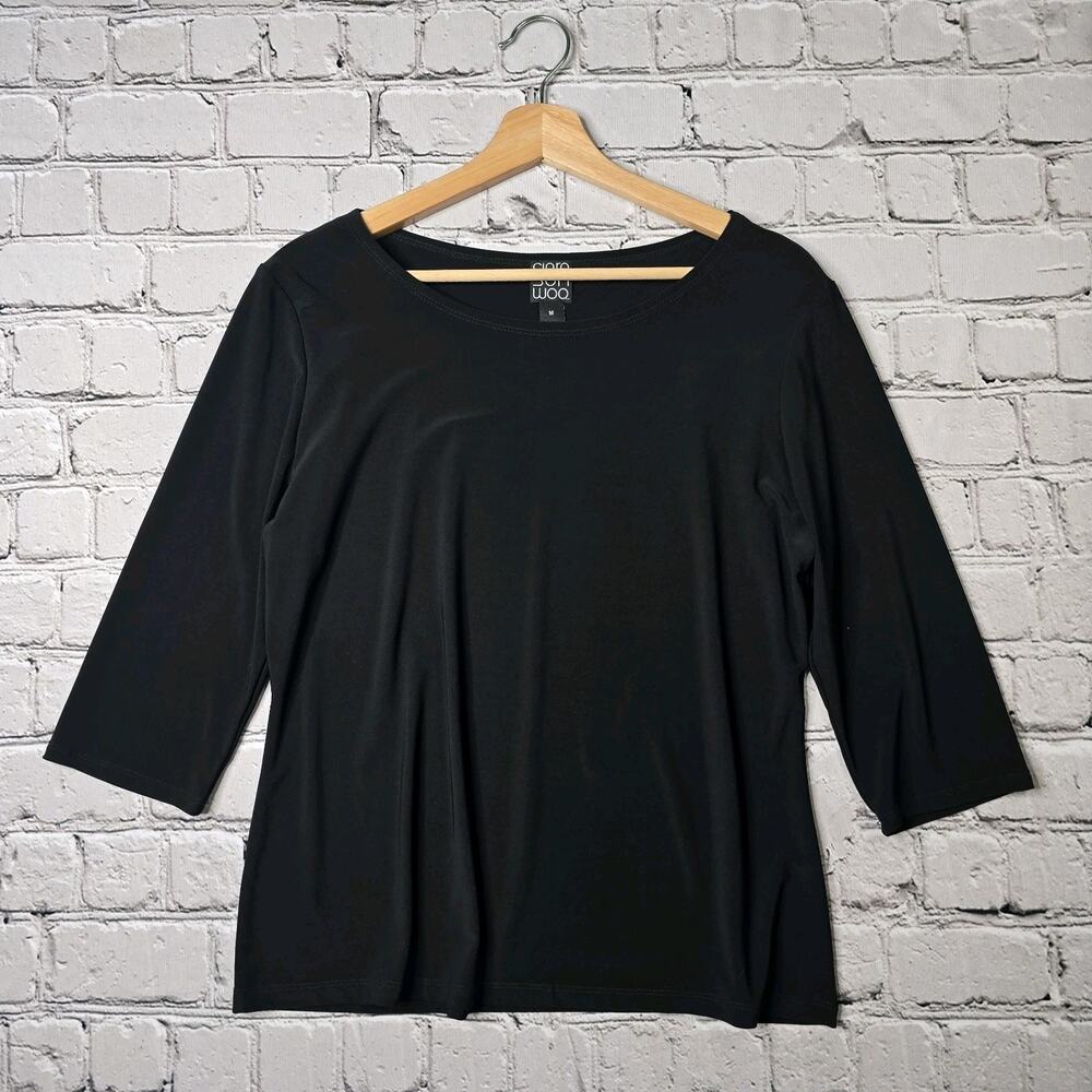 Clara Sun Woo Classic Black Boatneck Half Sleeve Boxy Knit Tshirt Size Medium